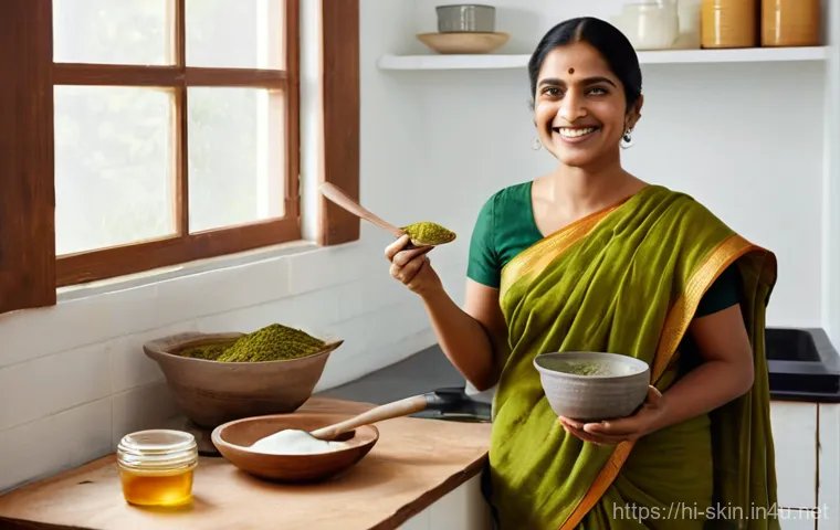 천연 성분 클렌저 추천 - **Prompt 1: Serene Application of a Homemade Face Pack**
    A young Indian woman, in her late 20s, ...