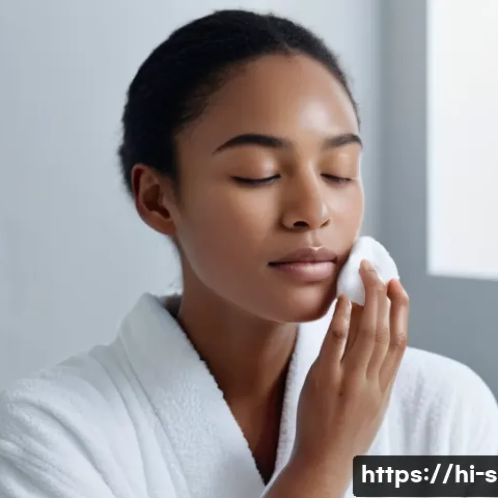저자극 클렌징 워터 추천 - A serene young woman, mid-20s, with clear, glowing skin, gently sweeping a cotton pad soaked in mice...