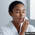 Home 22 저자극 클렌징 워터 추천 - A serene young woman, mid-20s, with clear, glowing skin, gently sweeping a cotton pad soaked in mice...