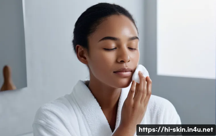 저자극 클렌징 워터 추천 - A serene young woman, mid-20s, with clear, glowing skin, gently sweeping a cotton pad soaked in mice...