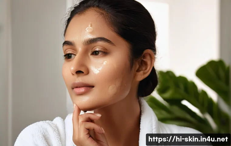달바 화이트 트러플 미스트 효과 - A serene, close-up portrait of a young South Asian woman with flawless, glowing skin, gently misting...