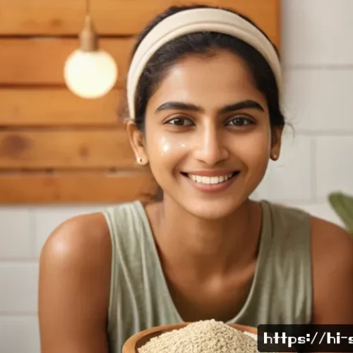 Home 32 홈케어 각질 제거 제품 추천 - A serene indoor bathroom scene featuring a young Indian woman with smooth, glowing skin gently exfol...