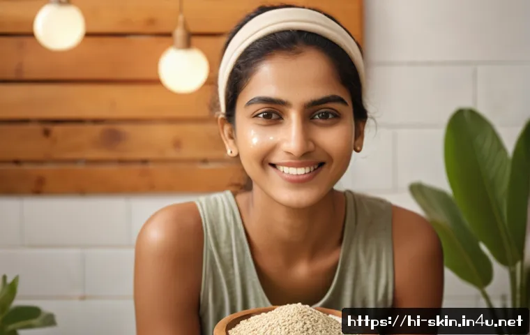 홈케어 각질 제거 제품 추천 - A serene indoor bathroom scene featuring a young Indian woman with smooth, glowing skin gently exfol...
