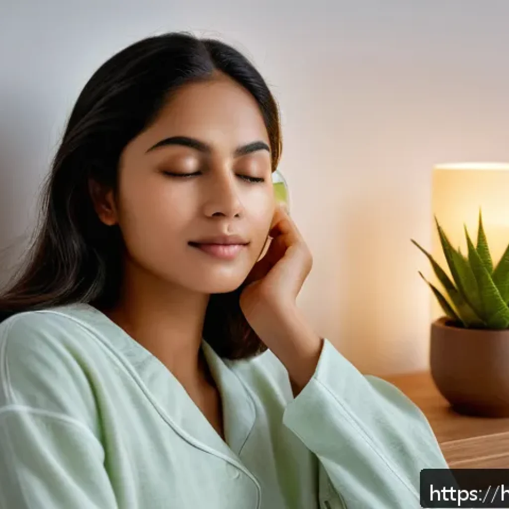 수면팩과 슬리핑 마스크 차이 - A serene nighttime skincare scene featuring a young South Asian woman with smooth, hydrated skin app...