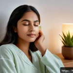 Home 19 수면팩과 슬리핑 마스크 차이 - A serene nighttime skincare scene featuring a young South Asian woman with smooth, hydrated skin app...