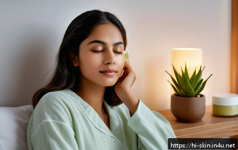 수면팩과 슬리핑 마스크 차이 - A serene nighttime skincare scene featuring a young South Asian woman with smooth, hydrated skin app...