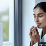 Home 18 라로슈포제 시카플라스트 리뷰 - A serene bathroom scene featuring a gentle-skinned Hindi woman in her 30s applying La Roche-Posay Ci...