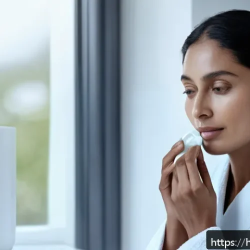 Home 30 라로슈포제 시카플라스트 리뷰 - A serene bathroom scene featuring a gentle-skinned Hindi woman in her 30s applying La Roche-Posay Ci...