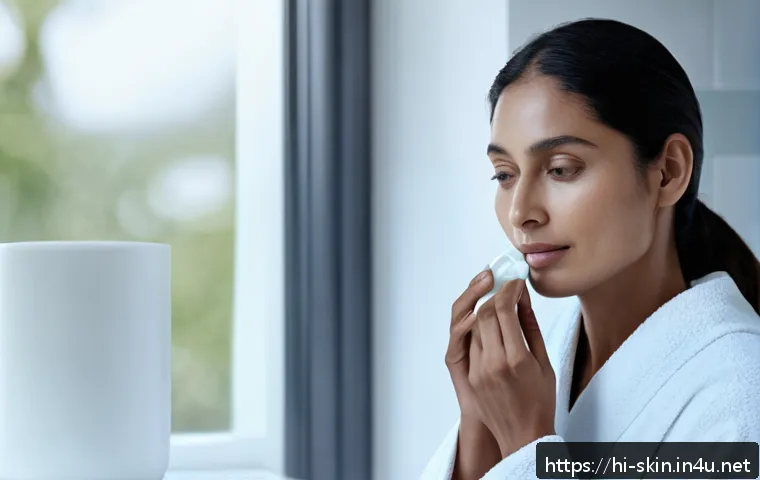 라로슈포제 시카플라스트 리뷰 - A serene bathroom scene featuring a gentle-skinned Hindi woman in her 30s applying La Roche-Posay Ci...