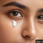 Home 23 AHC 리얼 아이크림 포 페이스 리뷰 - A close-up portrait of a young Indian woman gently applying a nourishing eye cream around her delica...