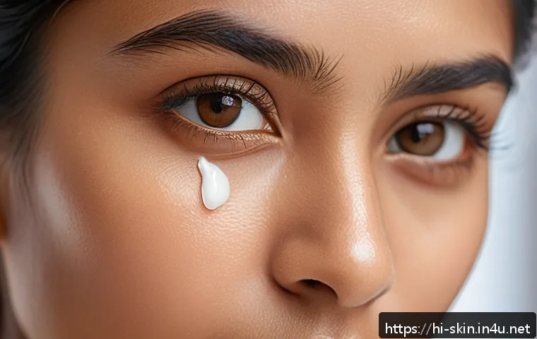 AHC 리얼 아이크림 포 페이스 리뷰 - A close-up portrait of a young Indian woman gently applying a nourishing eye cream around her delica...