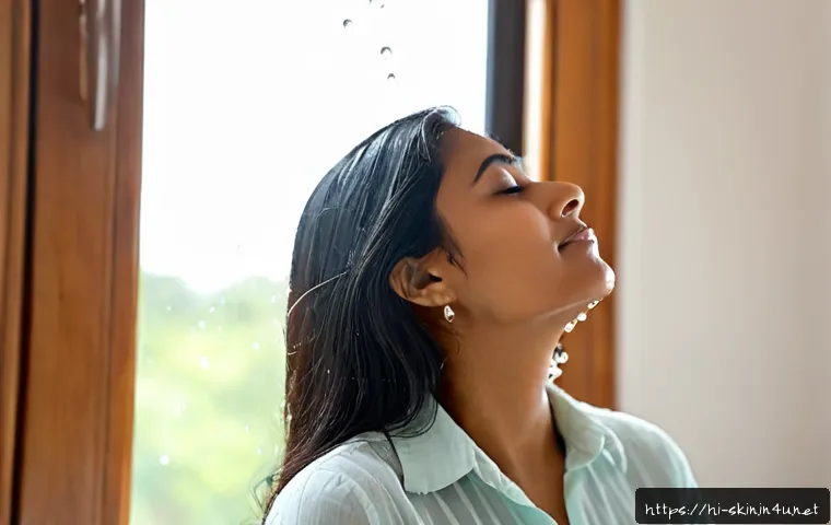 Home 17 페이스 미스트로 수분 유지하기 - Photorealistic close-up of an Indian woman in her early 30s gently spraying a fine facial mist over ...